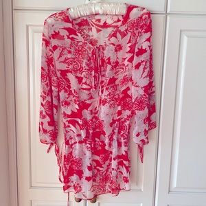 Aimer Sheer mini dress swim coverup red floral tie Women's S